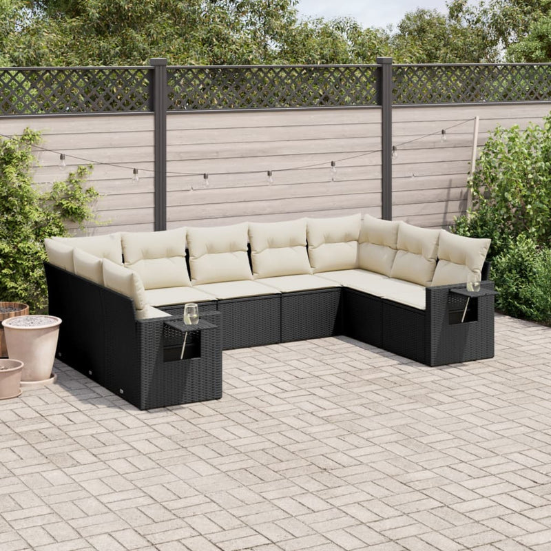 9-delige Loungeset met kussens poly rattan zwart