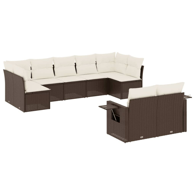 9-delige Loungeset met kussens poly rattan bruin