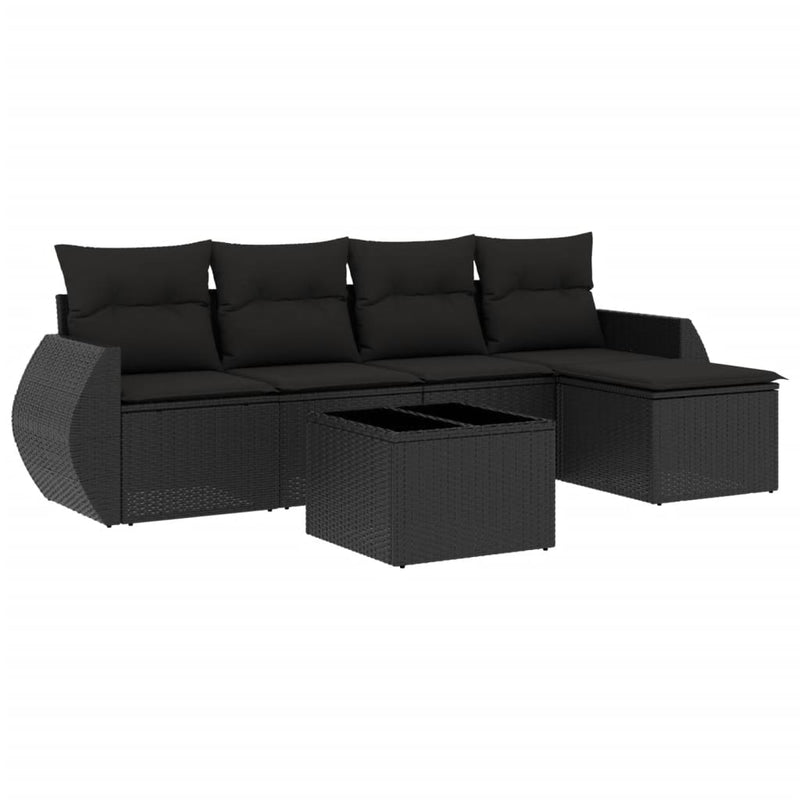 6-delige Loungeset met kussens poly rattan zwart