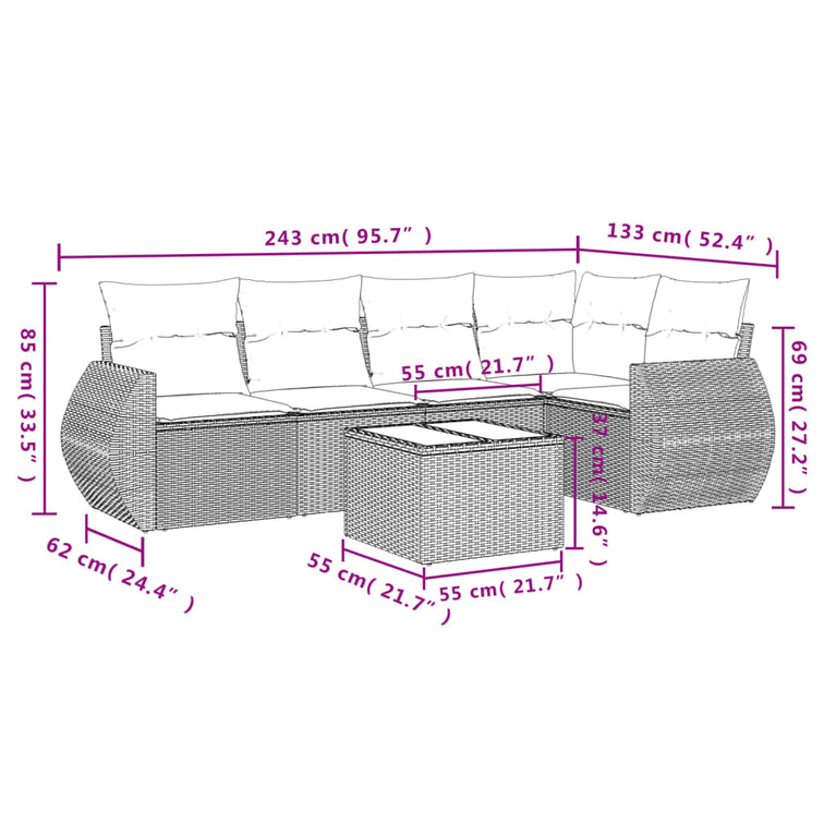 6-delige Loungeset met kussens poly rattan zwart