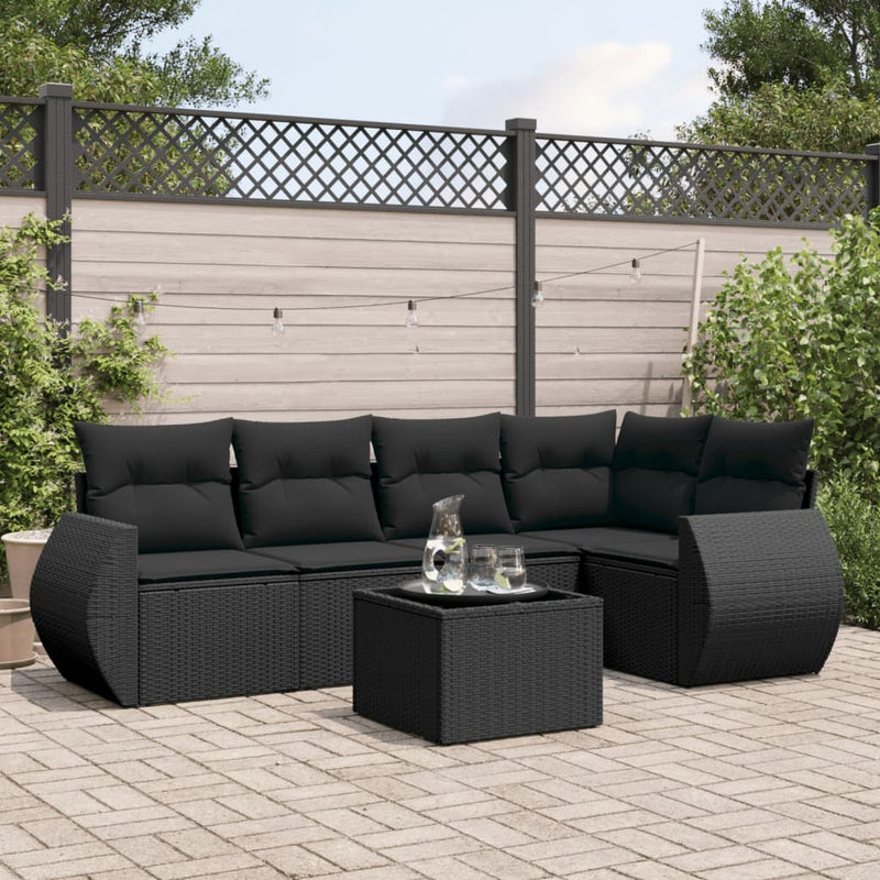 6-delige Loungeset met kussens poly rattan zwart