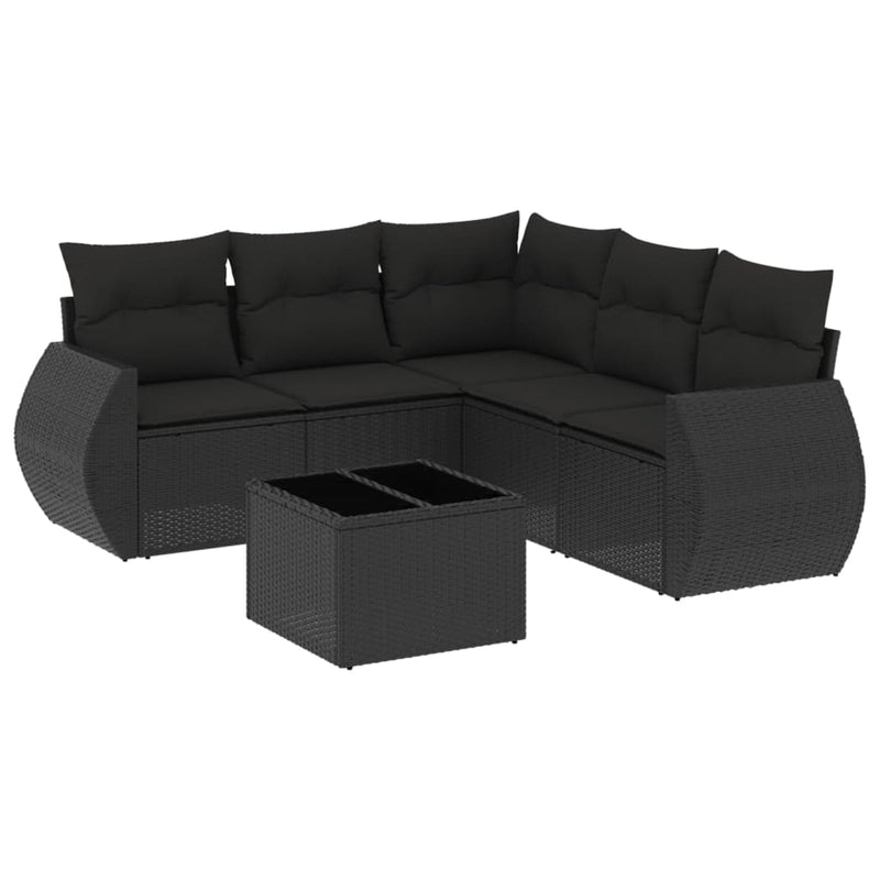 6-delige Loungeset met kussens poly rattan zwart