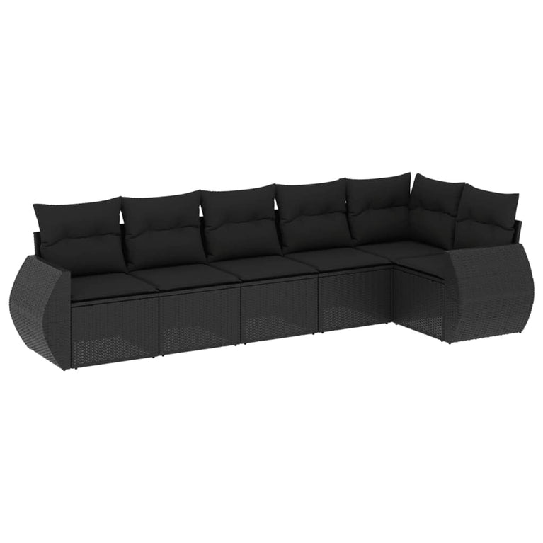 6-delige Loungeset met kussens poly rattan zwart
