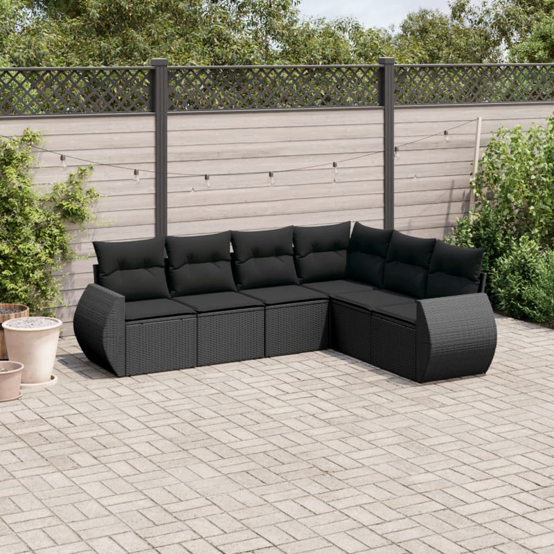 6-delige Loungeset met kussens poly rattan zwart