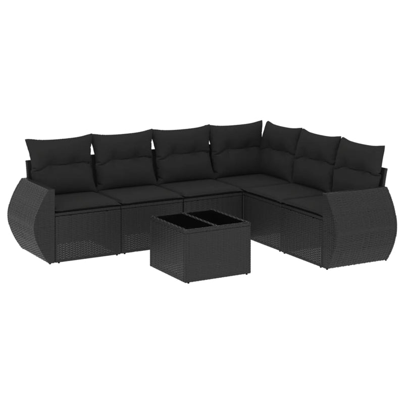 7-delige Loungeset met kussens poly rattan zwart