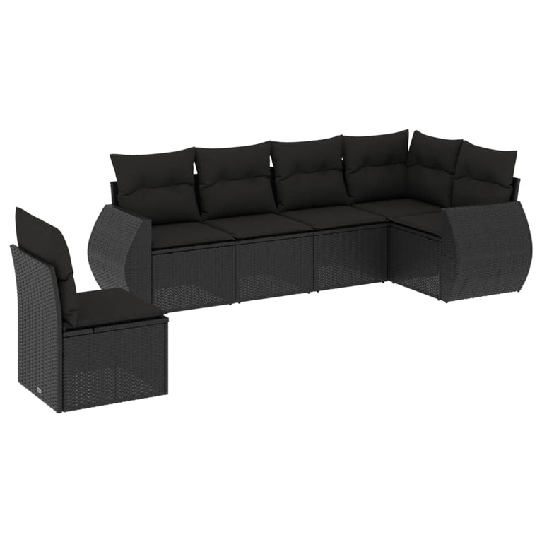 6-delige Loungeset met kussens poly rattan zwart