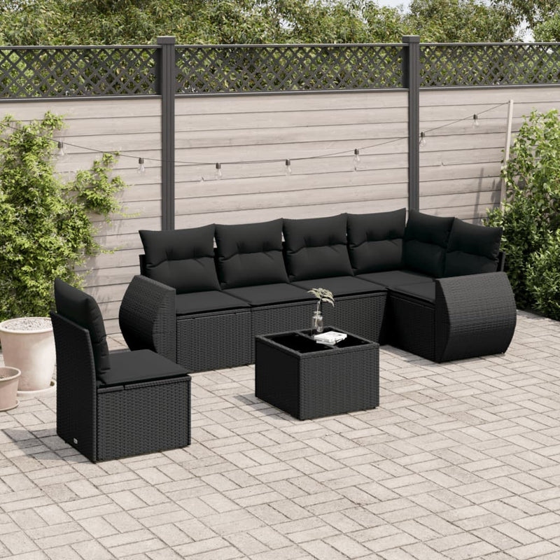 7-delige Loungeset met kussens poly rattan zwart