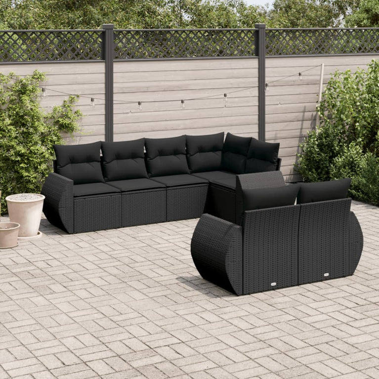 7-delige Loungeset met kussens poly rattan zwart