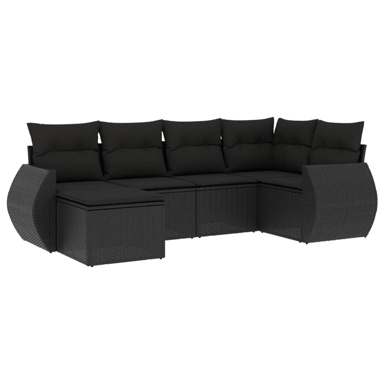 6-delige Loungeset met kussens poly rattan zwart