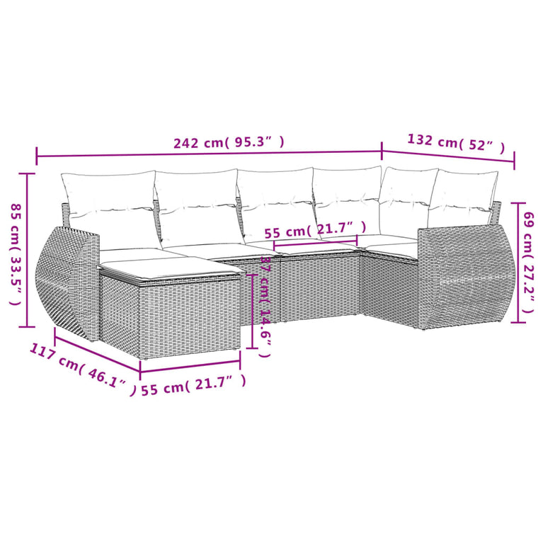 6-delige Loungeset met kussens poly rattan zwart