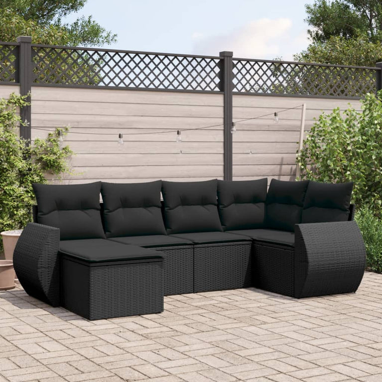 6-delige Loungeset met kussens poly rattan zwart
