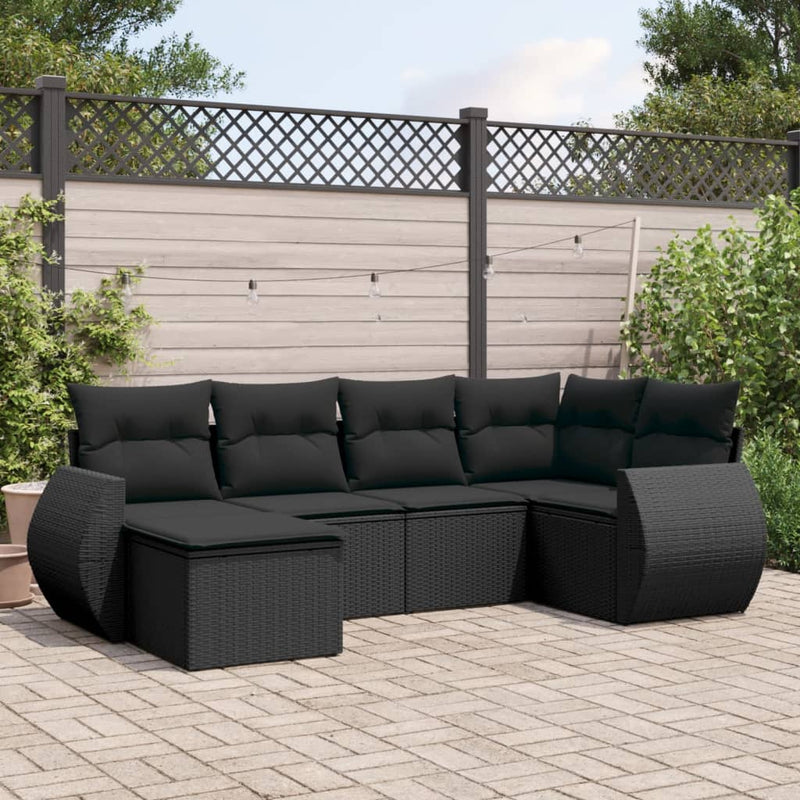 6-delige Loungeset met kussens poly rattan zwart
