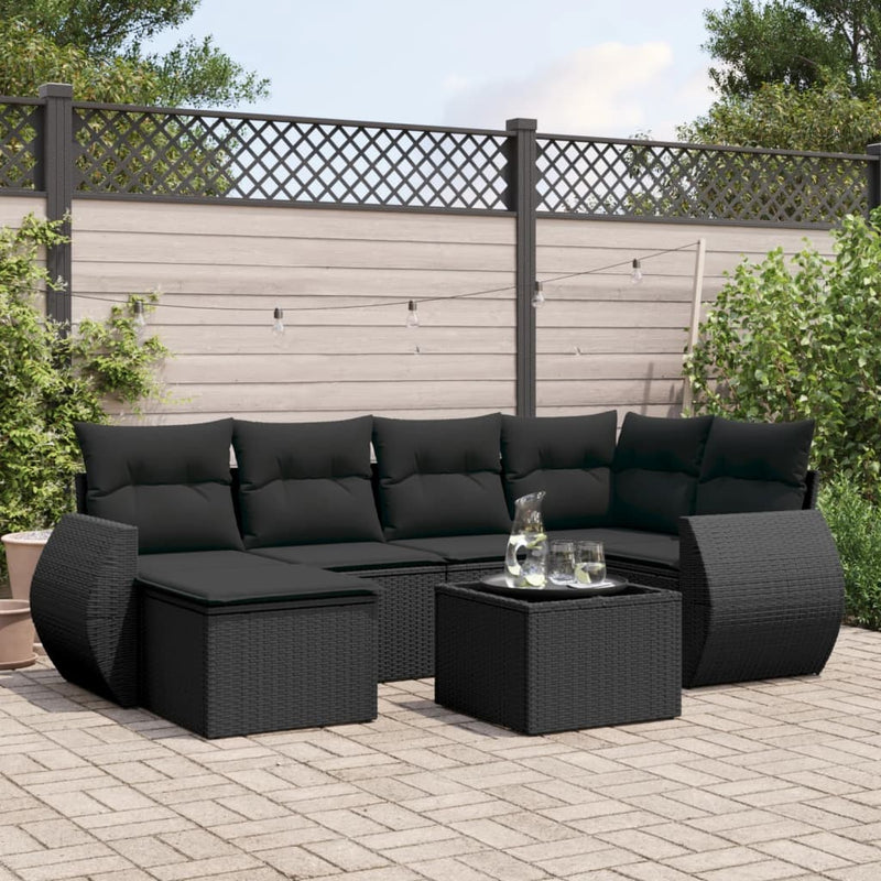 7-delige Loungeset met kussens poly rattan zwart