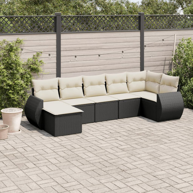 7-delige Loungeset met kussens poly rattan zwart
