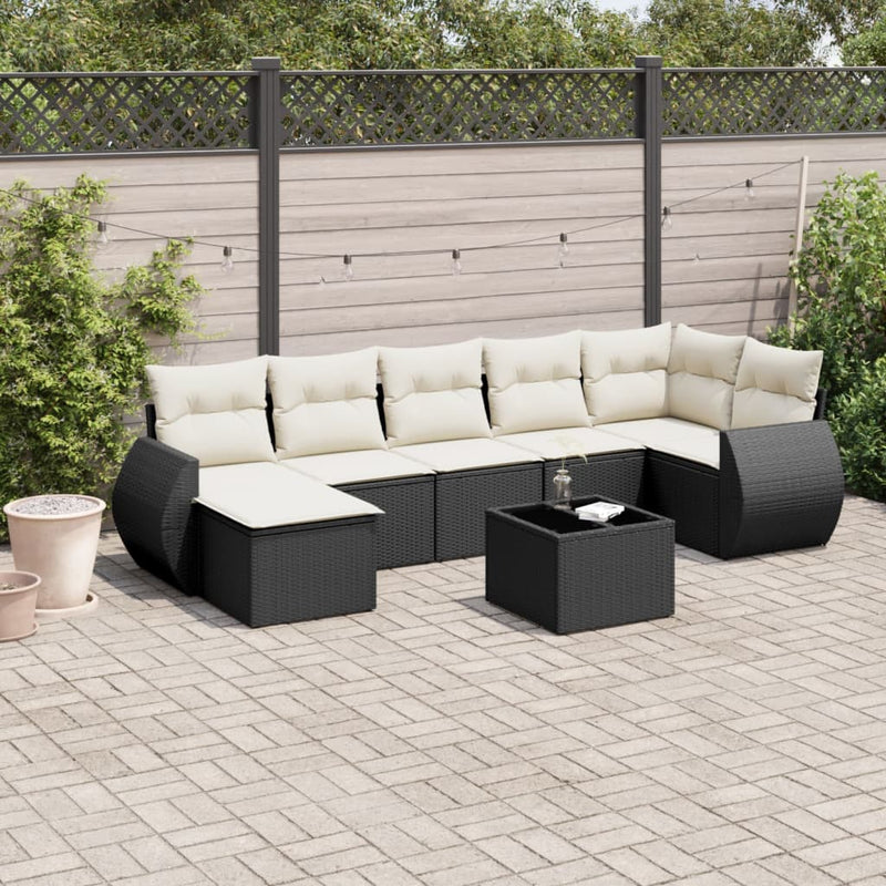 7-delige Loungeset met kussens poly rattan zwart
