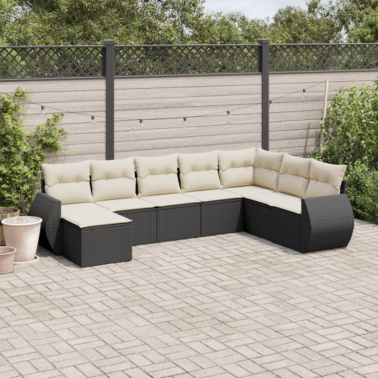 8-delige Loungeset met kussens poly rattan zwart