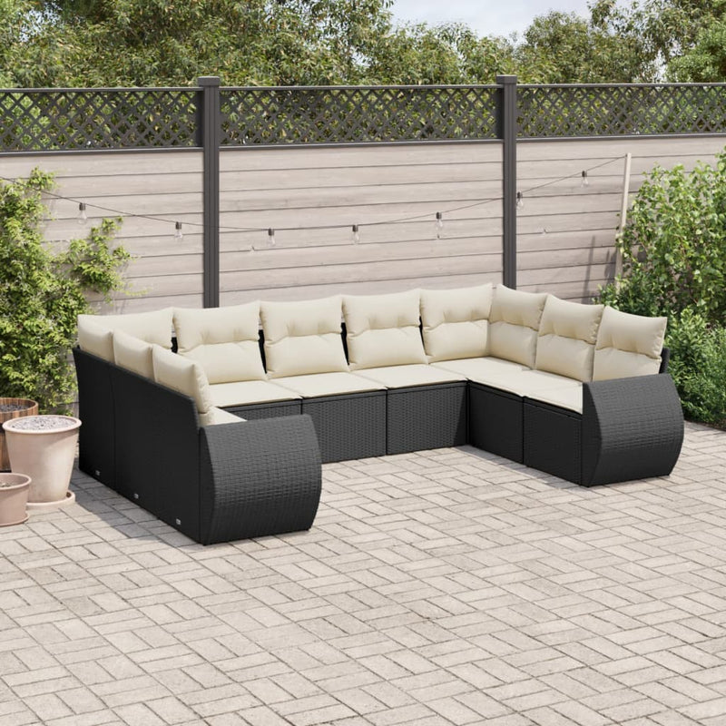 9-delige Loungeset met kussens poly rattan zwart