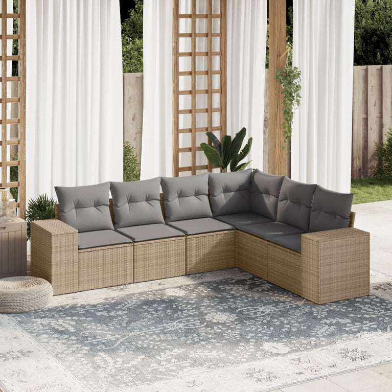 6-delige Loungeset met kussens poly rattan beige