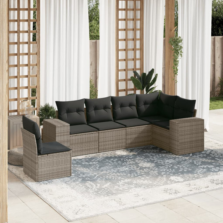 6-delige Loungeset met kussens poly rattan grijs