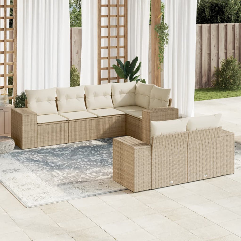 7-delige Loungeset met kussens poly rattan beige