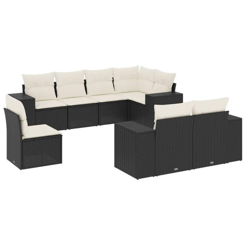 8-delige Loungeset met kussens poly rattan zwart
