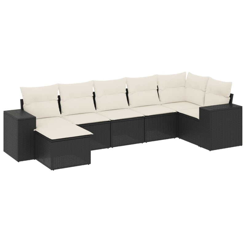 7-delige Loungeset met kussens poly rattan zwart