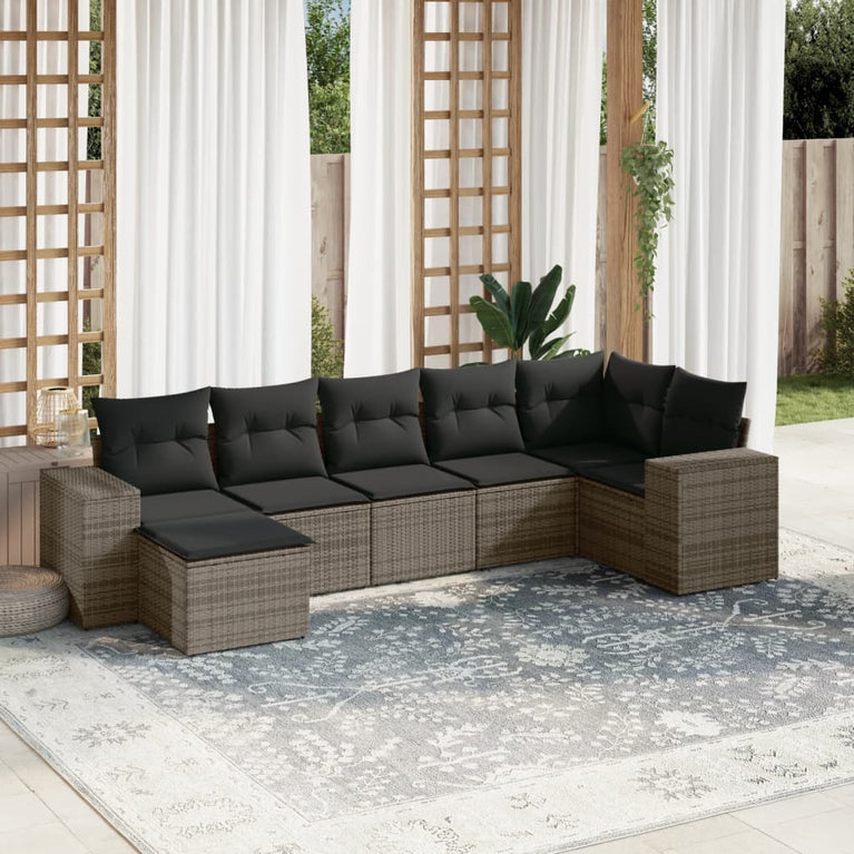 7-delige Loungeset met kussens poly rattan grijs