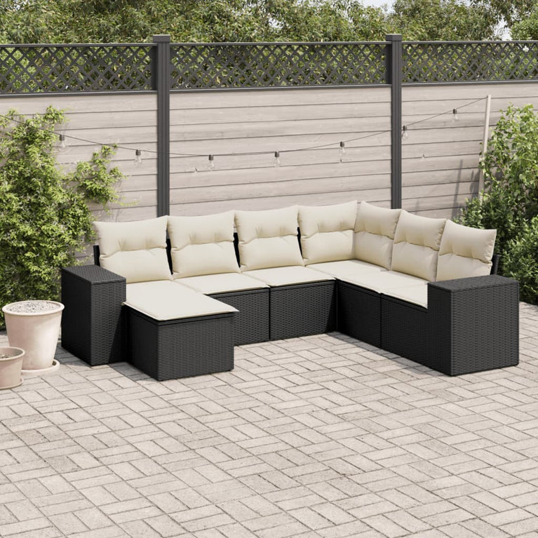 7-delige Loungeset met kussens poly rattan zwart