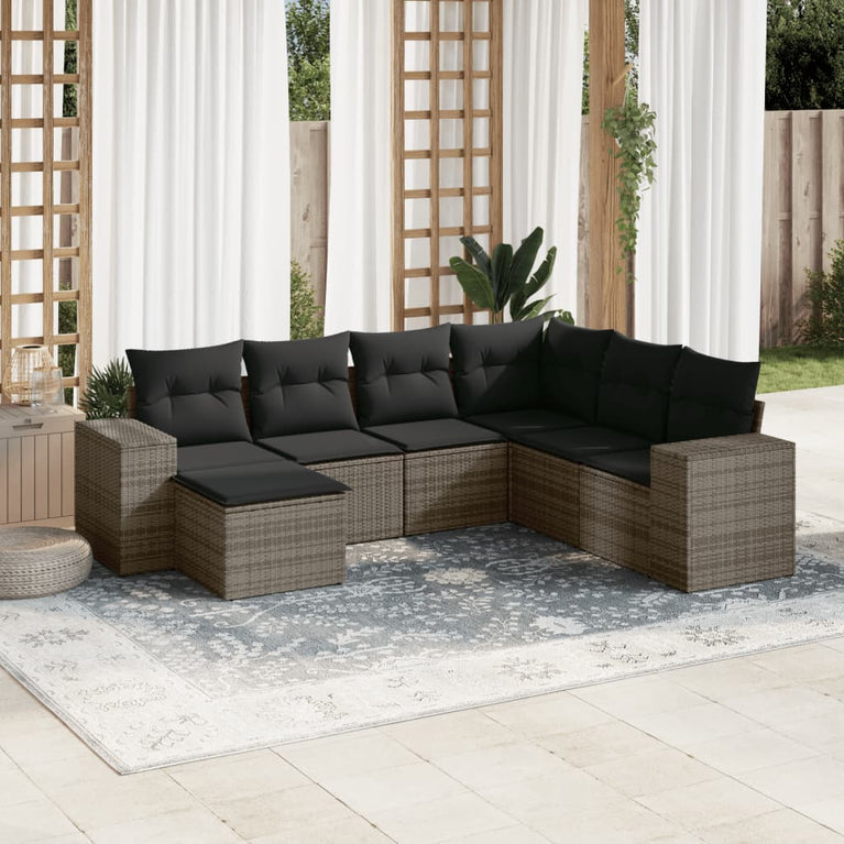 7-delige Loungeset met kussens poly rattan grijs