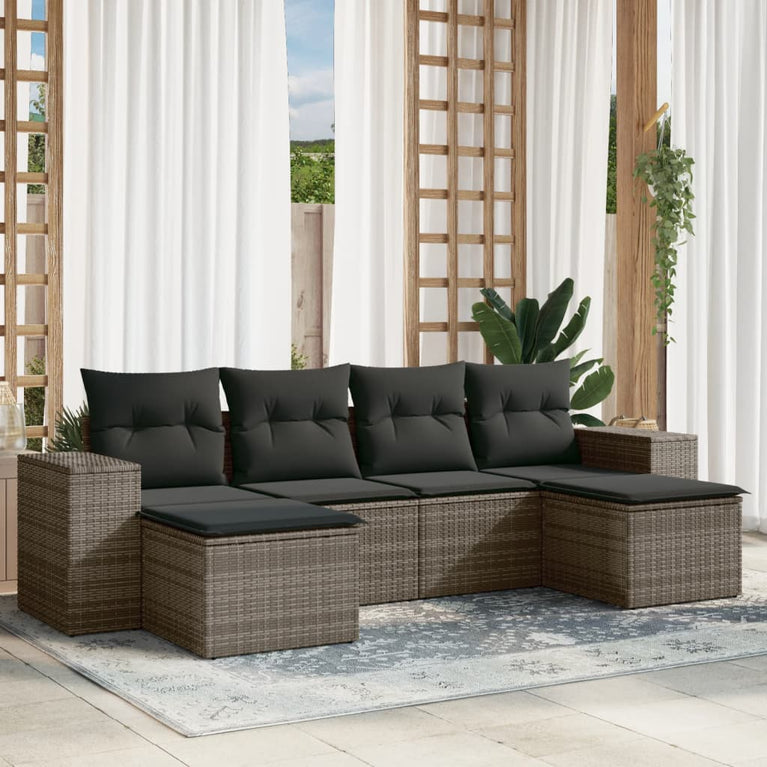 6-delige Loungeset met kussens poly rattan grijs