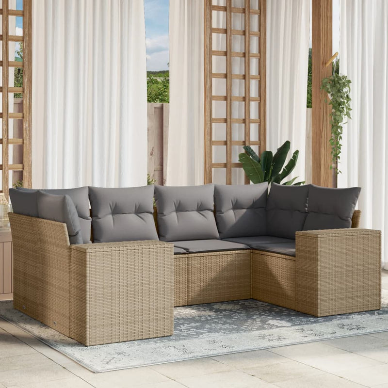 6-delige Loungeset met kussens poly rattan beige