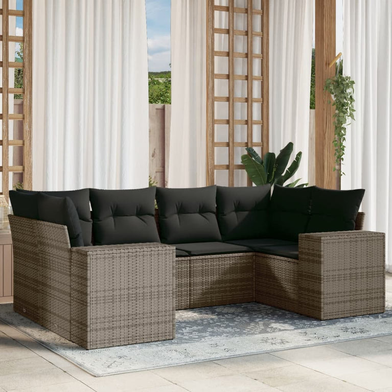 6-delige Loungeset met kussens poly rattan grijs