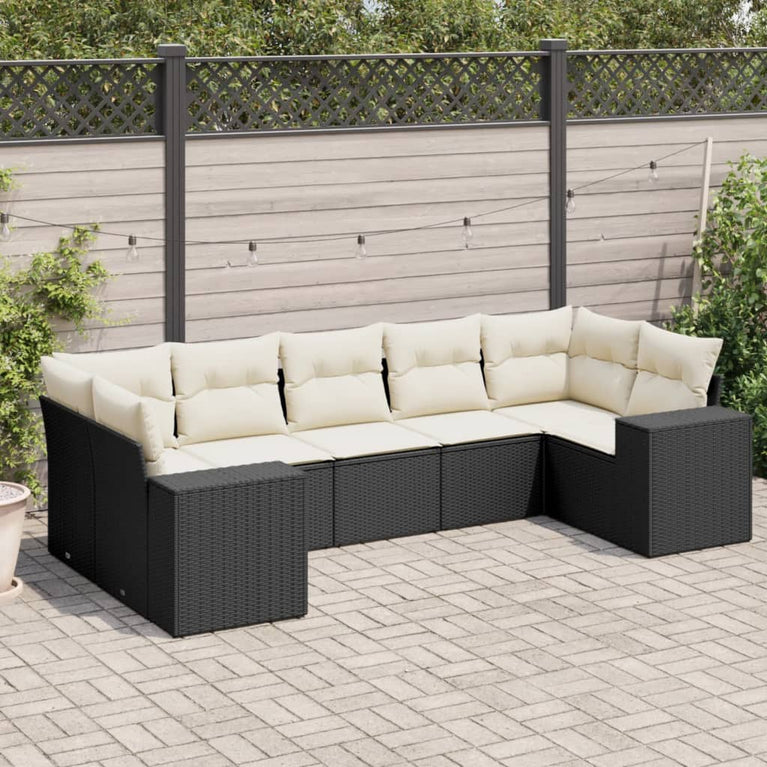 7-delige Loungeset met kussens poly rattan zwart