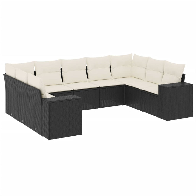 9-delige Loungeset met kussens poly rattan zwart