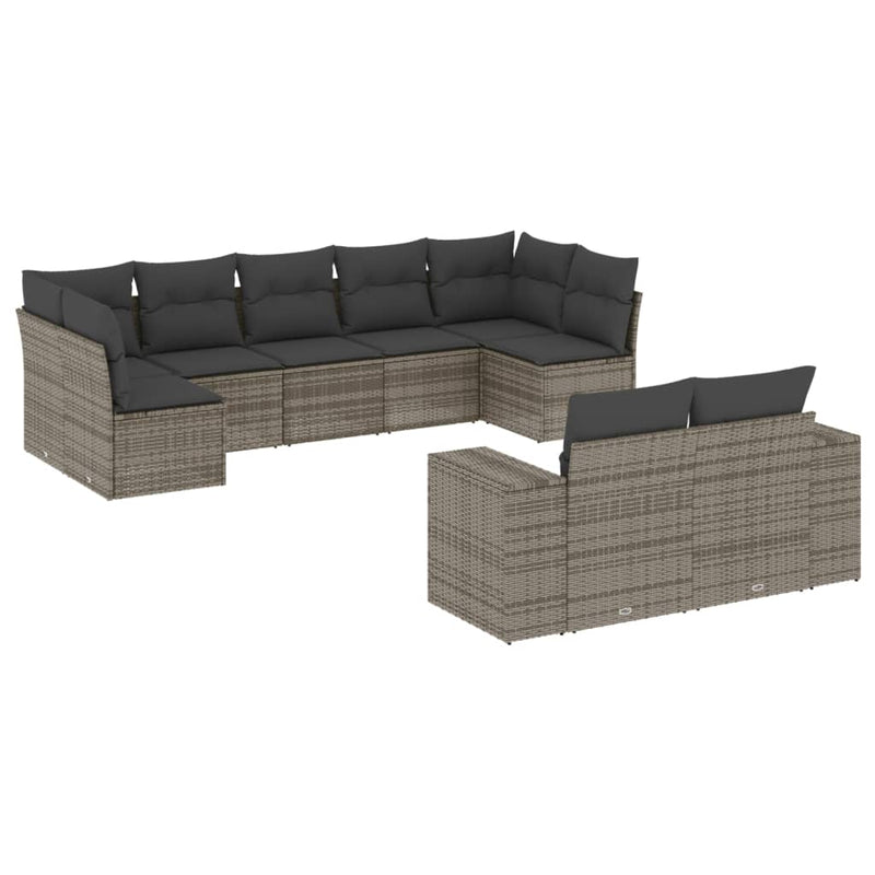 9-delige Loungeset met kussens poly rattan grijs