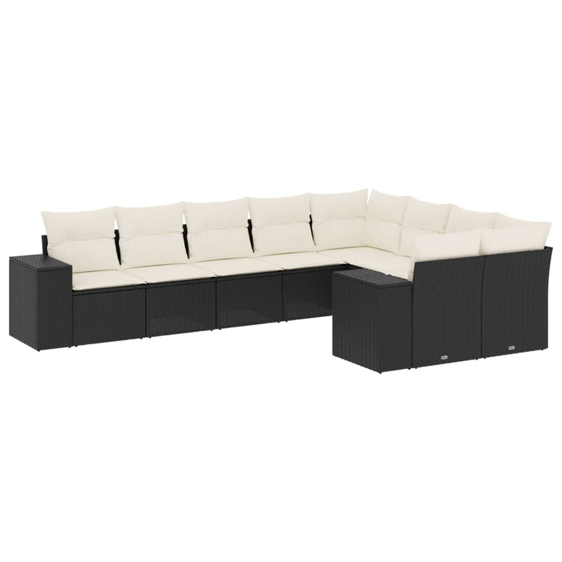 9-delige Loungeset met kussens poly rattan zwart