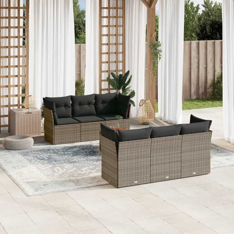 7-delige Loungeset met kussens poly rattan grijs