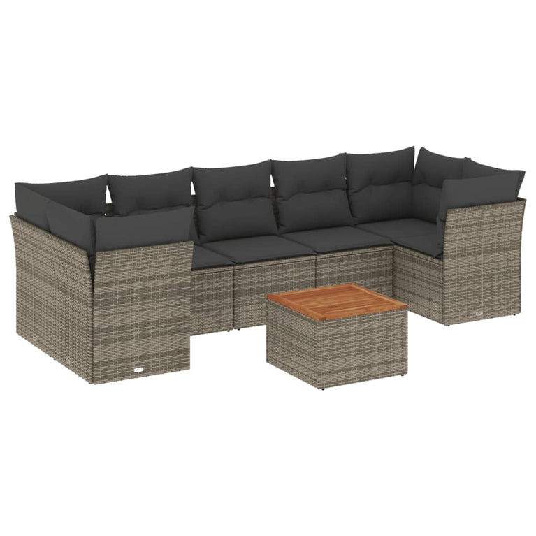 8-delige Loungeset met kussens poly rattan grijs