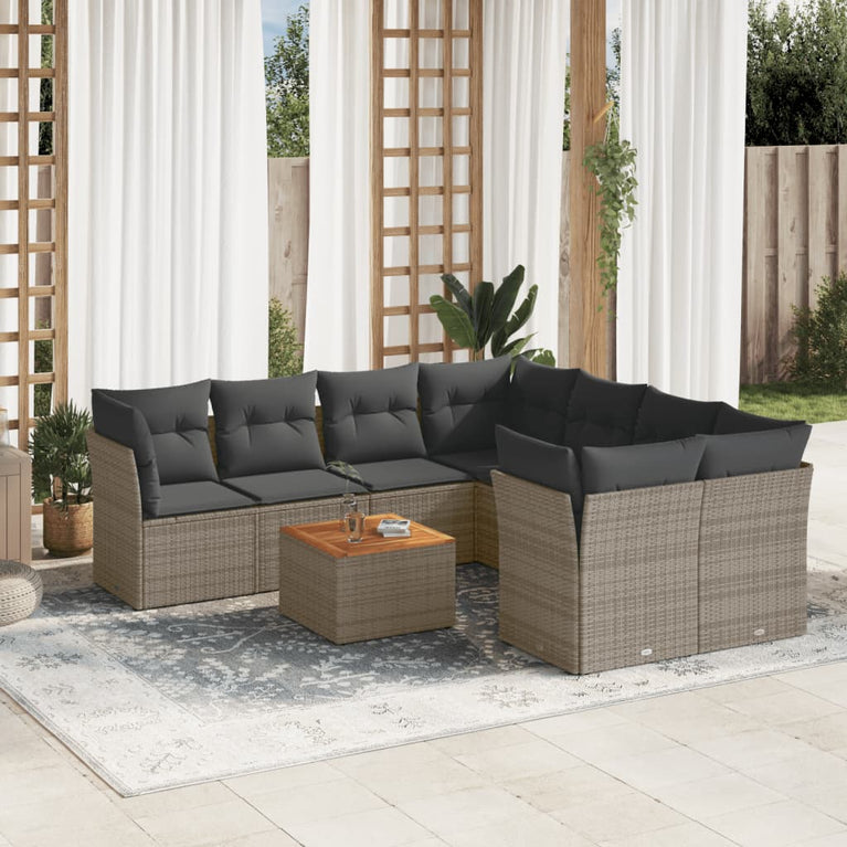 9-delige Loungeset met kussens poly rattan grijs