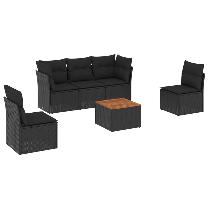 6-delige Loungeset met kussens poly rattan zwart