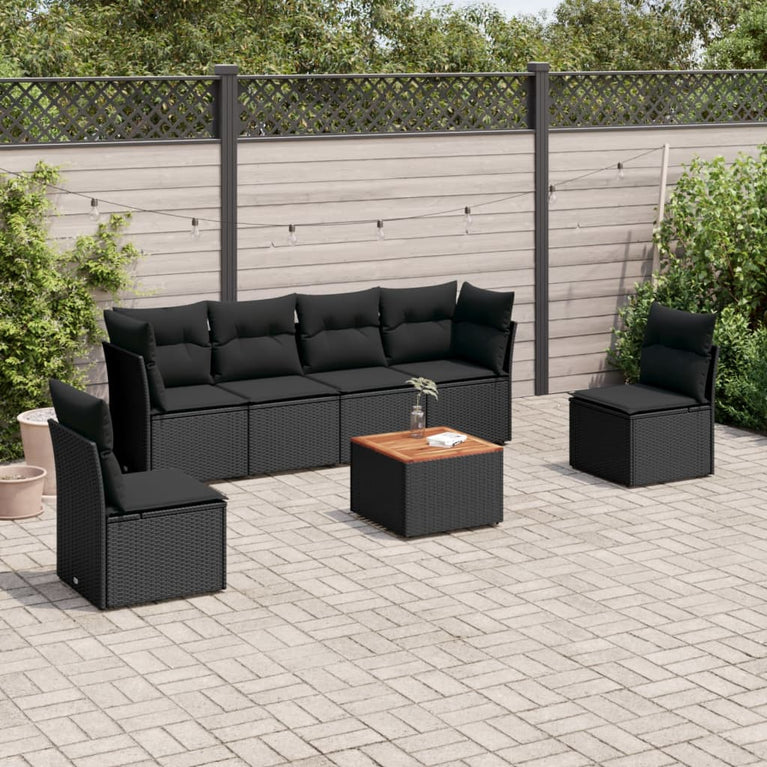 7-delige Loungeset met kussens poly rattan zwart