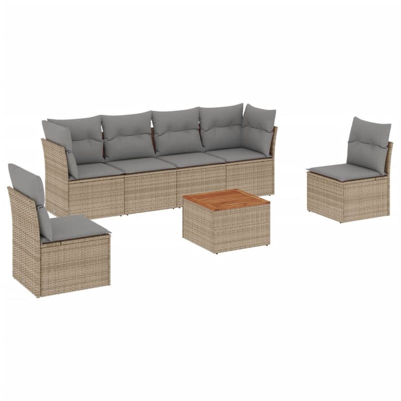7-delige Loungeset met kussens poly rattan gemengd beige