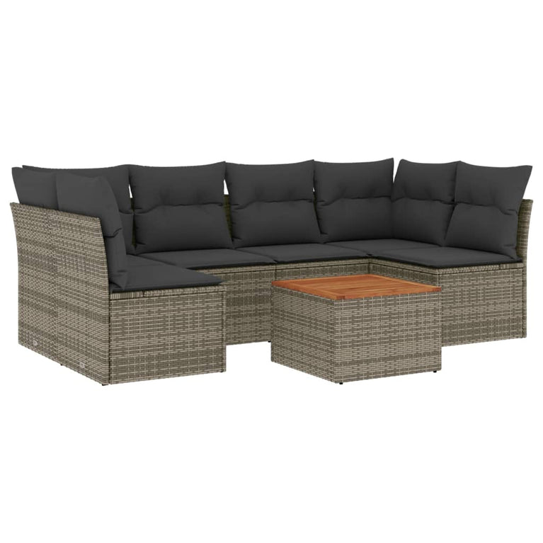 7-delige Loungeset met kussens poly rattan grijs