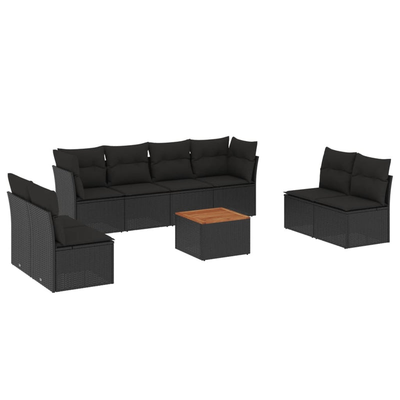 9-delige Loungeset met kussens poly rattan zwart