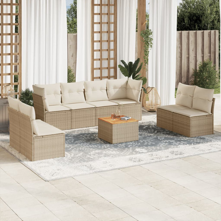 9-delige Loungeset met kussens poly rattan beige