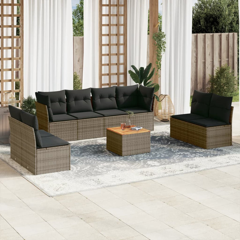 9-delige Loungeset met kussens poly rattan grijs