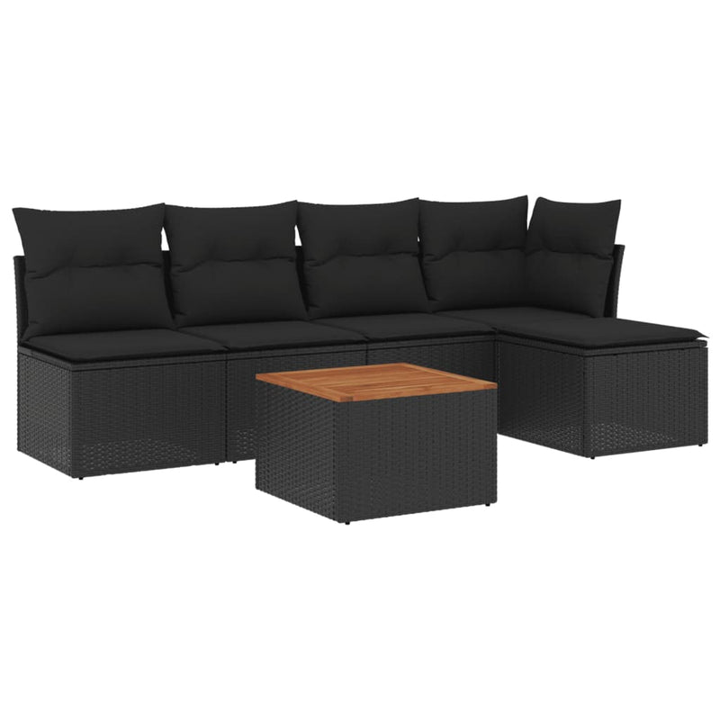 6-delige Loungeset met kussens poly rattan zwart