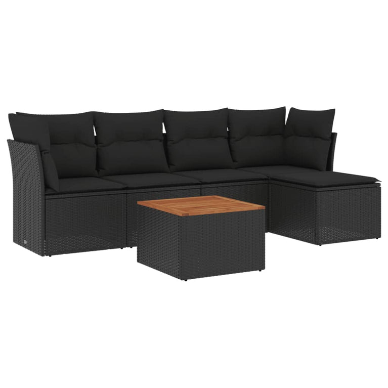 6-delige Loungeset met kussens poly rattan zwart