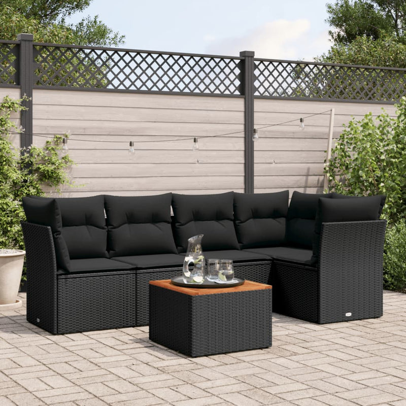 6-delige Loungeset met kussens poly rattan zwart