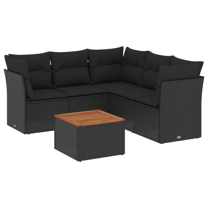 6-delige Loungeset met kussens poly rattan zwart
